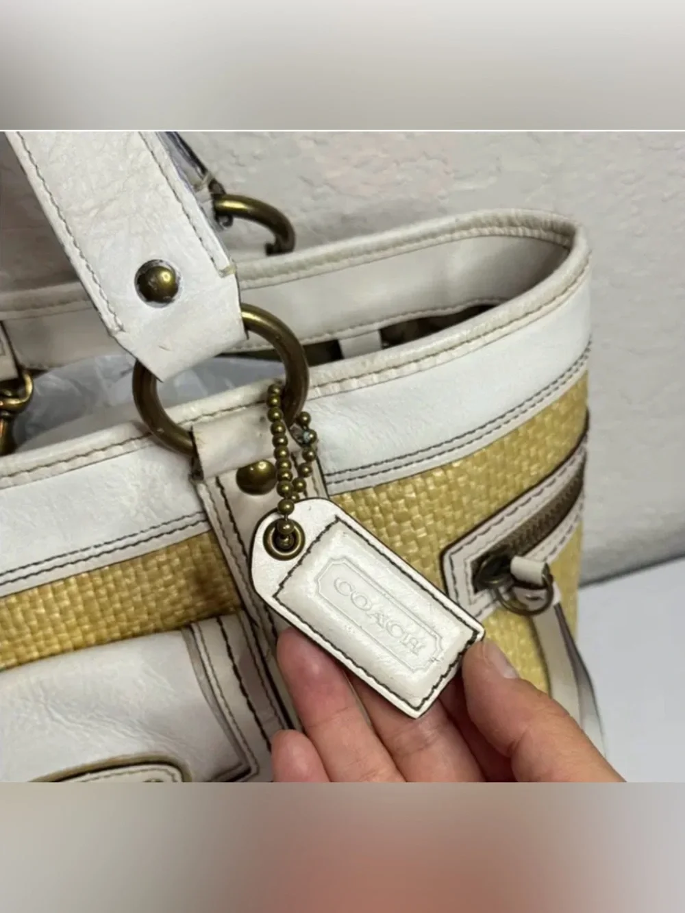 COACH BAG Y2K NATURAL STRAW WHITE LEATHER TRIM LEGACY HANDBAG TOTE